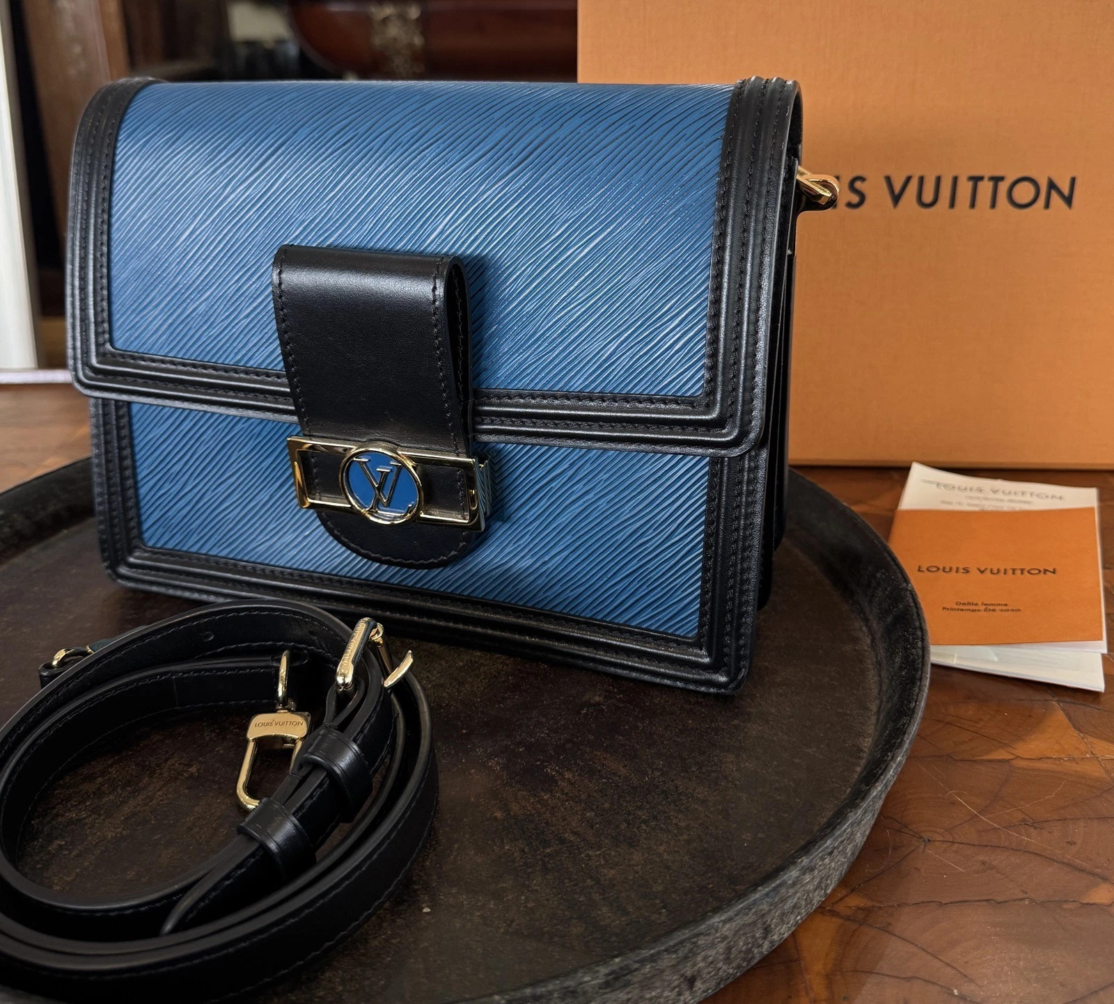 Auth LOUIS VUITTON Blue Dauphine MM Epi Leather Shoulder / Hand