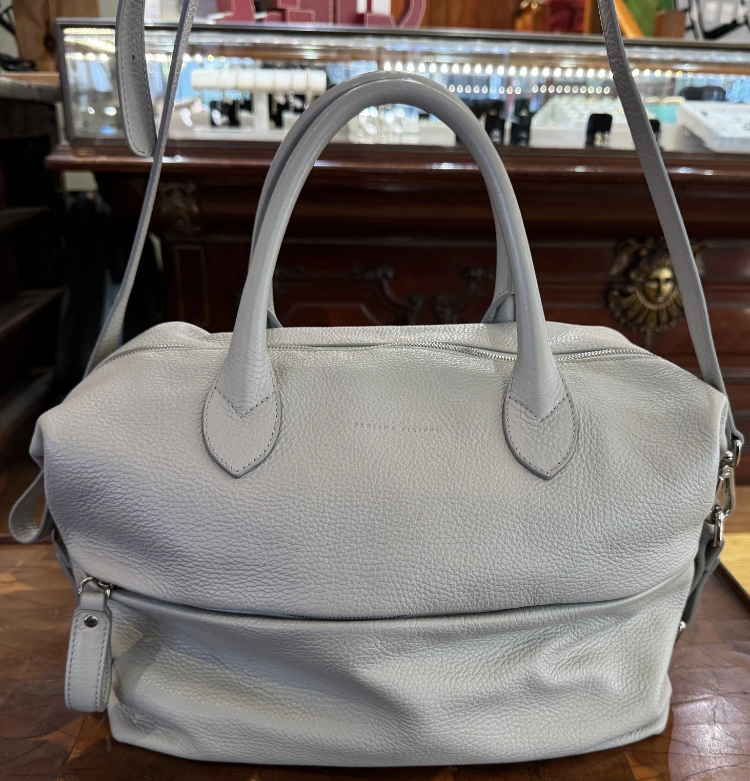 Auth. Fabiana Filippi Italy Pebbled Leather Grey Shoulder Bag