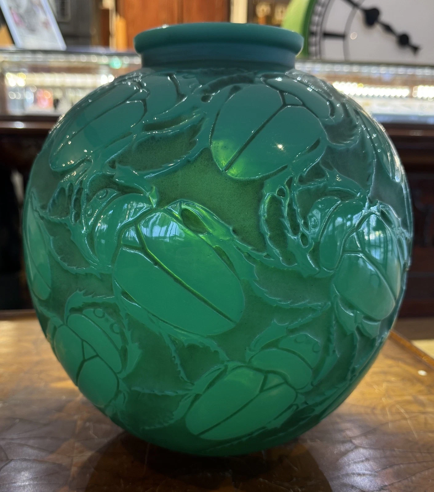 LALIQUE フランス　青緑色 花瓶 Important René Lalique Gros Scarabées 29cm Green Vase Ref No. 892