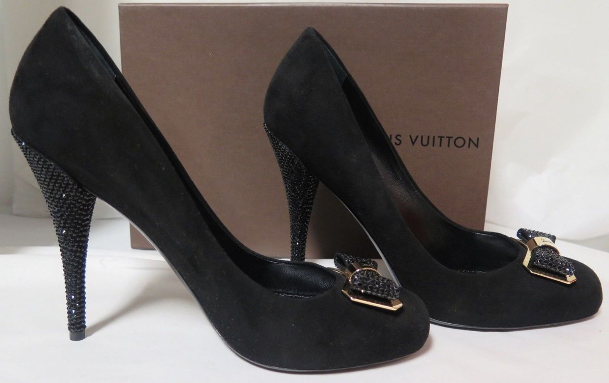 Auth Louis Vuitton Black 4.5 inch Crystal Heels in Size 39.5 Worn Once In  Box
