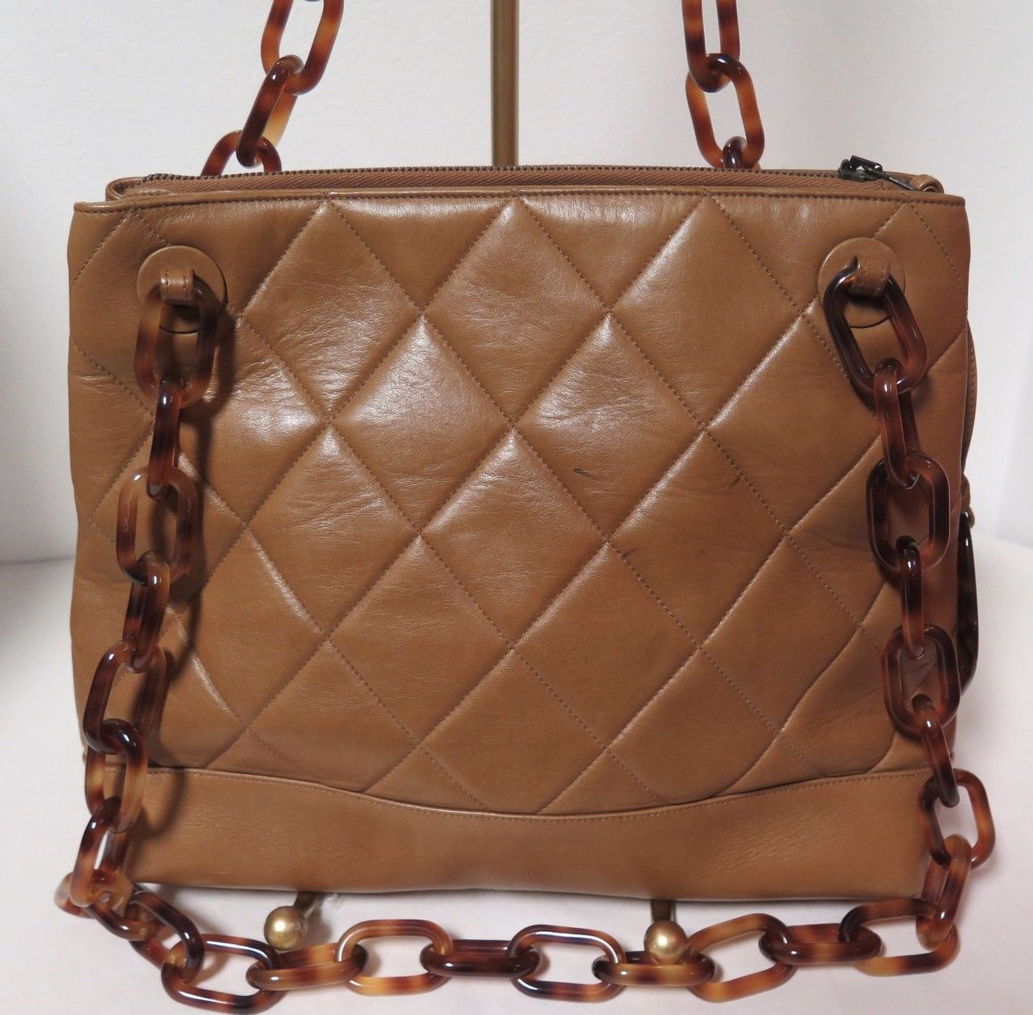 Vintage 1990s Chanel Tan Leather Tote With Tortoise Chain Link Handles