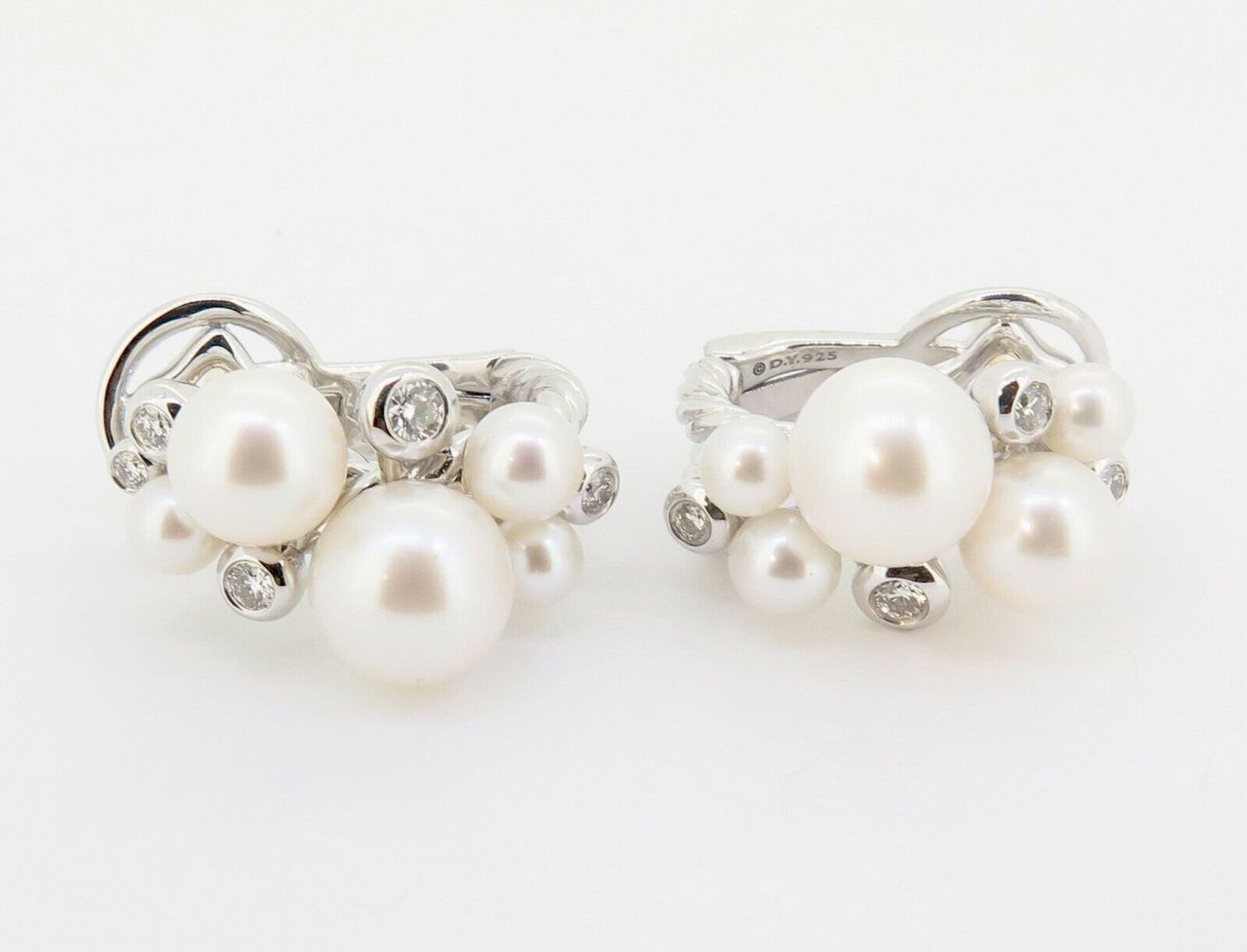 Auth David Yurman Cable Pearl Diamond Huggie Silver 925
