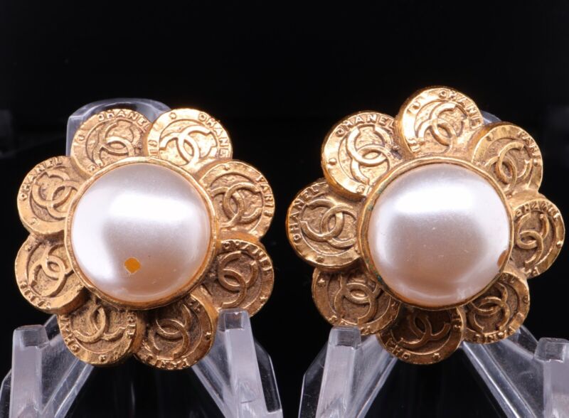 Vintage Chanel Diamante Clip Back Earrings Pearls Costume Gold Nice Big!  1980's