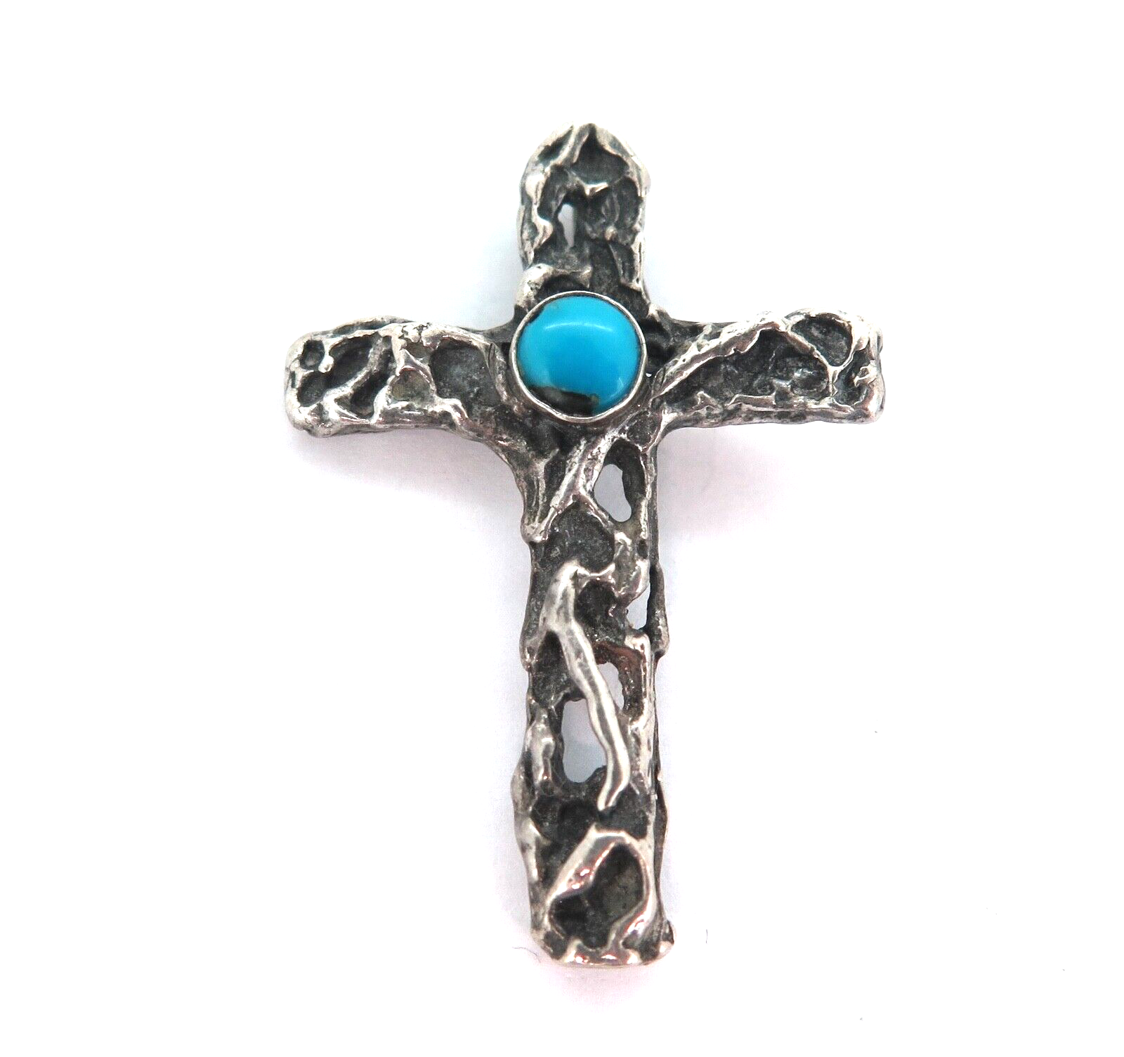 Vintage Brutalist Style Sterling Silver Turquoise Cross Pendant 4.7g