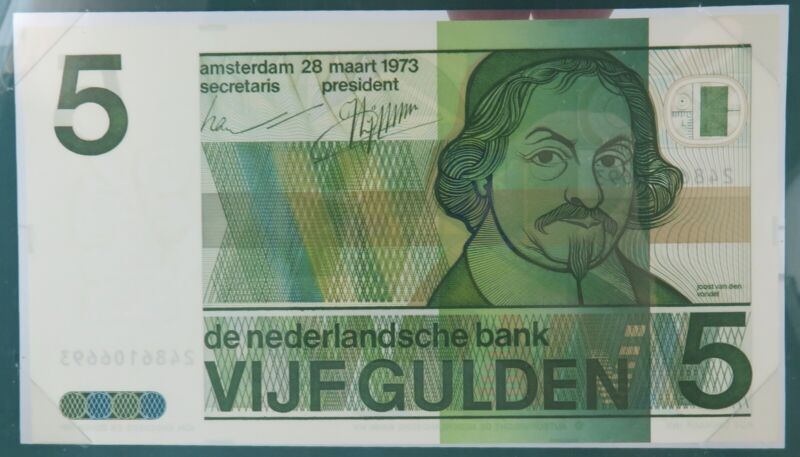 Banknotes of All Nations 1973 Netherlands 5 Gulden + Card