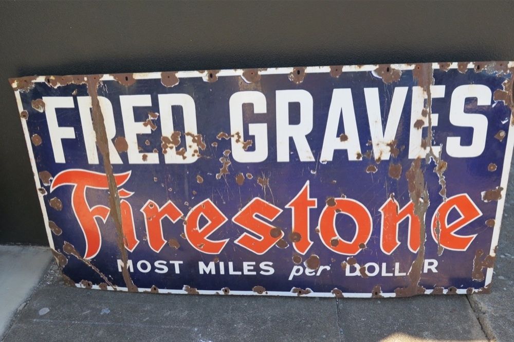 RARE c1930's FRED GRAVES FIRESTONE HUGE 1.52M METAL ADVERTISING