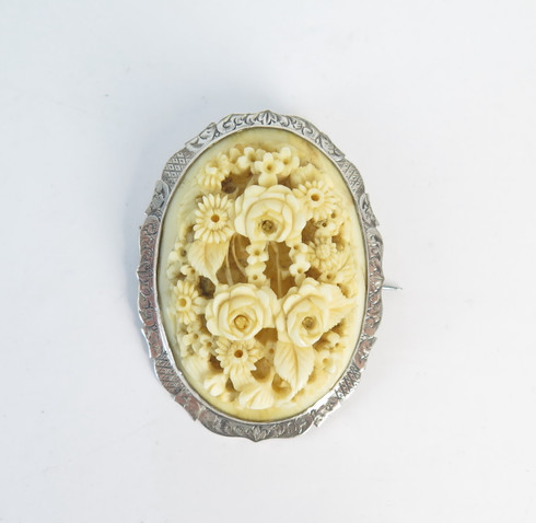 Highly Carved Antique Ivory Brooch in .800 Continental Silver Brooch