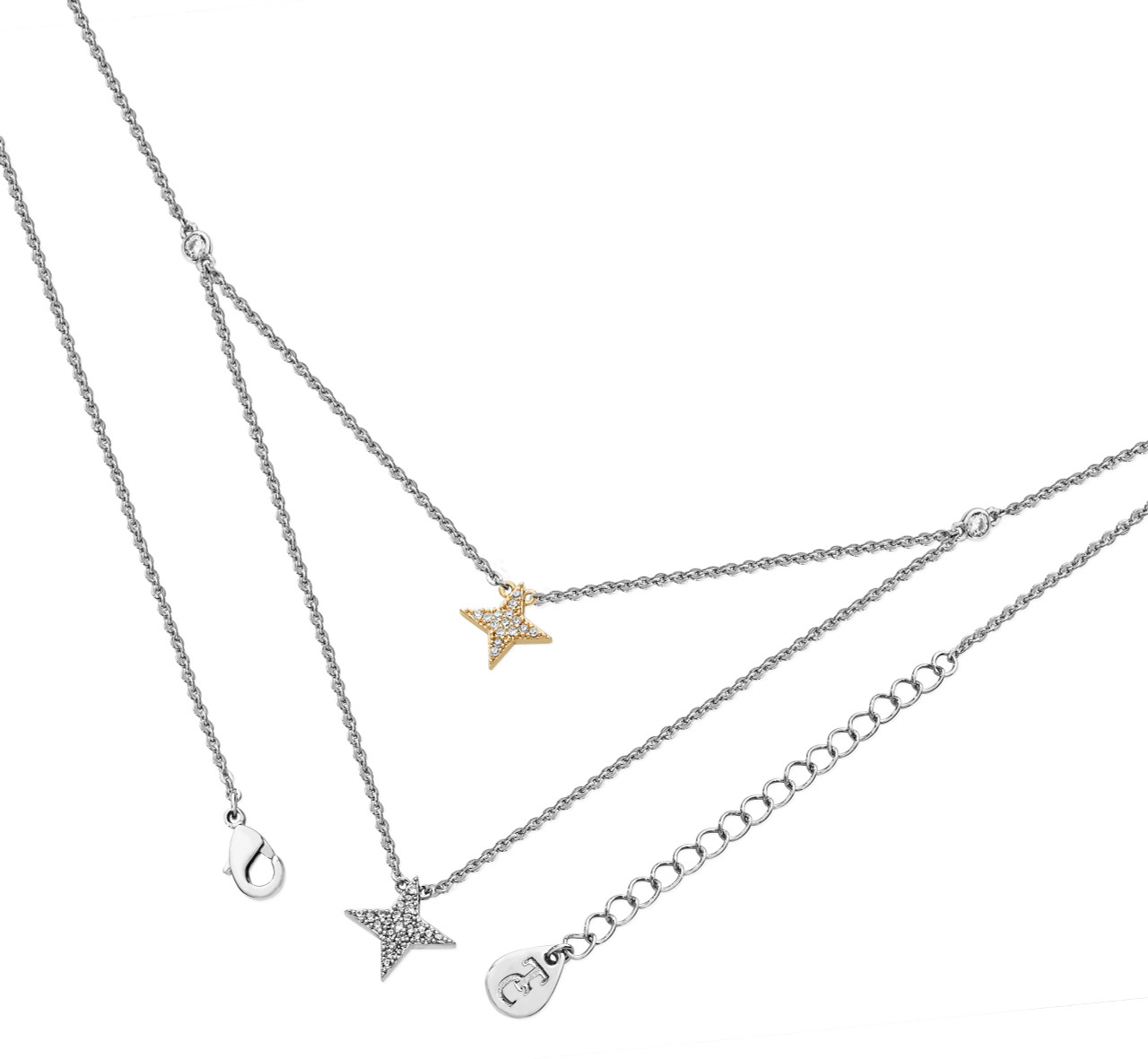Double Floating Pave Star Necklace Silver