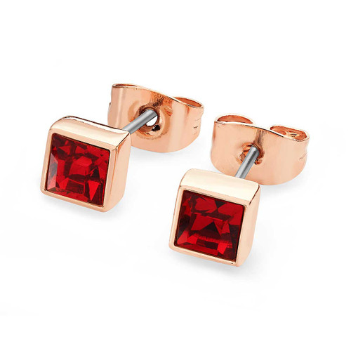 January - Rose Gold Square Birthstone Earrings - Garnet Crystal