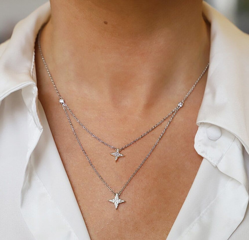 Double Floating Pave Star Necklace Silver Double Floating Pave Star Necklace Silver