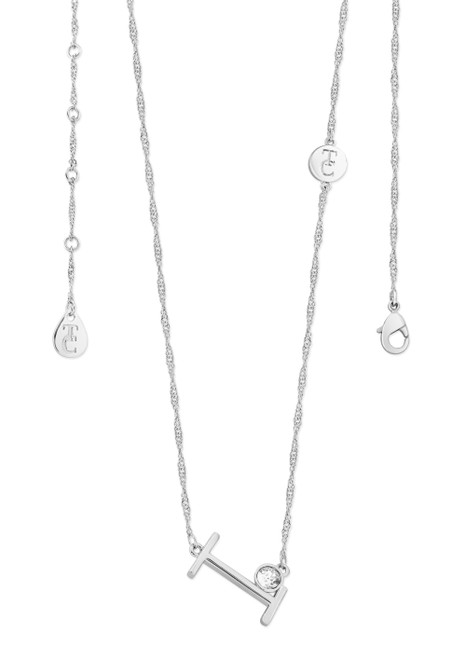 Crafted in sleek polished silver, each unique letter is adorned with a sparkling bezel set clear CZ adding a touch of glamour to these eye-catching pendants. Each letter is positioned at an angle creating a contemporary look. They are suspended from a beautiful shimmering Singapore chain and secure safely with a lobster claw clasp. Crafted in sleek polished silver, each unique letter is adorned with a sparkling bezel set clear CZ adding a touch of glamour to these eye-catching pendants. Each letter is positioned at an angle creating a contemporary look. They are suspended from a beautiful shimmering Singapore chain and secure safely with a lobster claw clasp.