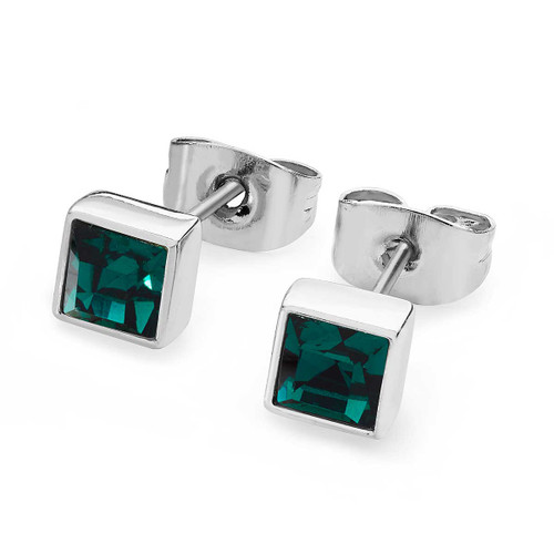 May - Silver Square Birthstone Earrings - Emerald Crystal