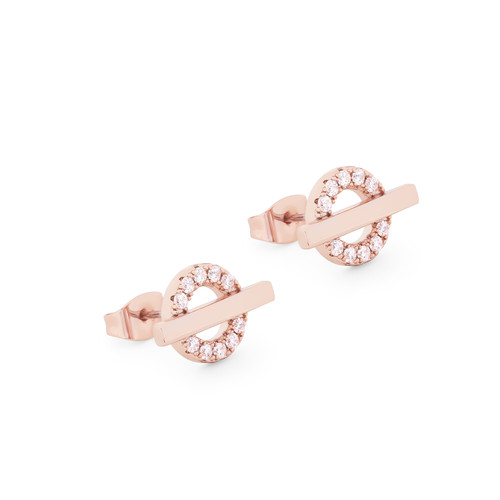 T-BAR STUD EARRINGS ROSE GOLD CIRCLE CZ T-BAR STUD EARRINGS ROSE GOLD CIRCLE CZ