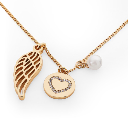 Angel Wing Pearl & Heart Disc Pendant Gold Angel Wing Pearl & Heart Disc Pendant Gold