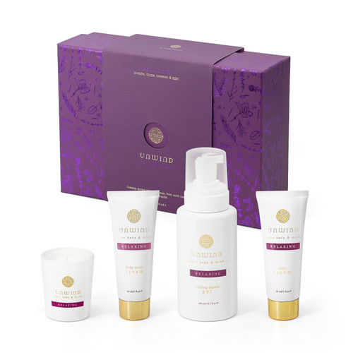 Unwind - Relaxing S/4 (Foaming Gel/ Body Cream/ Body Scrub/ Candle) Unwind - Relaxing S/4 (Foaming Gel/ Body Cream/ Body Scrub/ Candle)