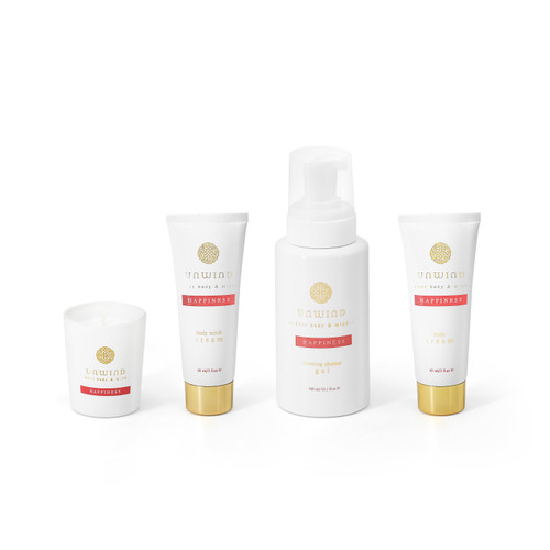 Unwind - Happiness S/4 (Foaming Gel/ Body Cream/ Body Scrub/ Candle) Unwind - Happiness S/4 (Foaming Gel/ Body Cream/ Body Scrub/ Candle)