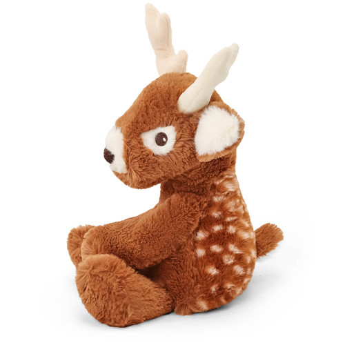 A soft, plush toy shaped like a deer. The deer is sitting in a three-quarter profile, looking to the left, with visible white spots on its brown body.