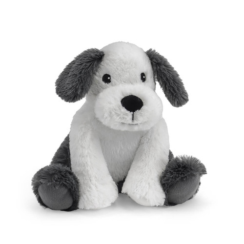 A soft, plush toy shaped like a black and white dog. The dog is sitting and facing forward. It has a white face, black patches around its eyes, and black floppy ears.