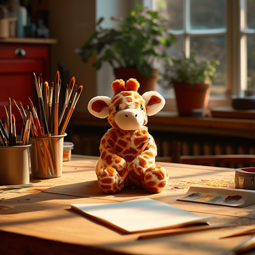A stuffed giraffe toy is sitting on an artist's desk with a piece of paper, pencils, and paintbrushes.