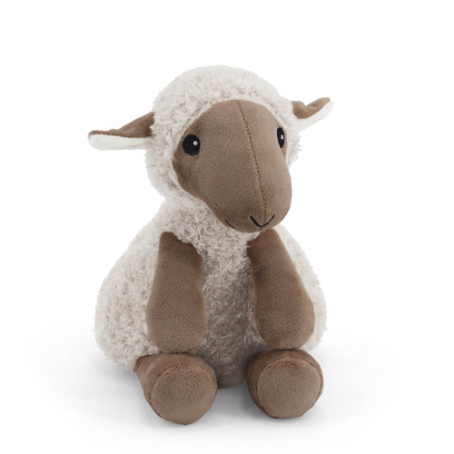 A soft, plush toy shaped like a sheep. The sheep is sitting and facing forward, with a fuzzy white body, a tan face, and brown legs. It has small horns and dark eyes.