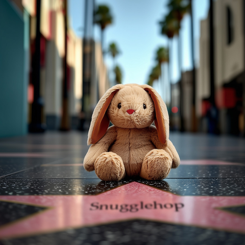 A plush beige bunny with floppy ears sitting on a pink star on the Hollywood Walk of Fame that reads "Snugglehop."