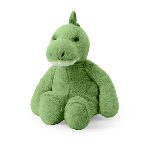 A soft, plush toy shaped like a light green dinosaur. The dinosaur is sitting and facing forward, with a rounded snout, dark eyes, and a row of small, plush spikes on its head and back. A soft, plush toy shaped like a light green dinosaur. The dinosaur is sitting and facing forward, with a rounded snout, dark eyes, and a row of small, plush spikes on its head and back.