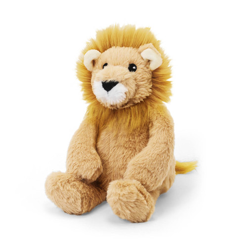 A soft, plush toy shaped like a lion. The lion is sitting and facing forward, with a fluffy golden mane, a tan face, and a black nose.