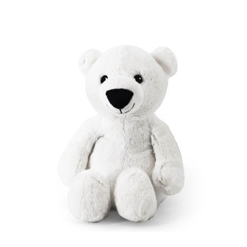 A soft, plush toy shaped like a white polar bear. The polar bear is sitting and facing forward, with a black nose and black eyes.