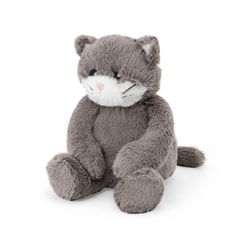 A soft, plush toy shaped like a gray cat. The cat is sitting and facing forward, with a light pink nose, a white muzzle, and long white whiskers. A soft, plush toy shaped like a gray cat. The cat is sitting and facing forward, with a light pink nose, a white muzzle, and long white whiskers.
