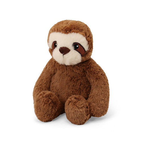 A fluffy brown plush sloth toy, sitting and facing forward with a cream-colored face and dark patches around its eyes. A fluffy brown plush sloth toy, sitting and facing forward with a cream-colored face and dark patches around its eyes.