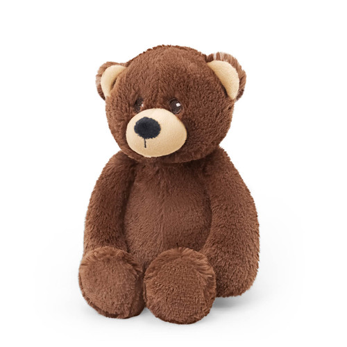 A soft brown plush teddy bear with a cream-colored snout and small ears, sitting and facing forward.