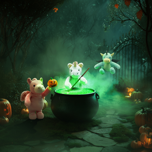  Three plush toys are brewing a glowing green potion in a large cauldron in a spooky, foggy setting with pumpkins and a gate. 
