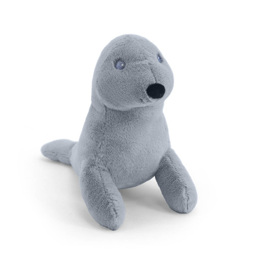 A soft, plush toy shaped like a gray seal. The seal is sitting upright, facing forward, with its flippers tucked in. It has a black nose and small, dark eyes. A soft, plush toy shaped like a gray seal. The seal is sitting upright, facing forward, with its flippers tucked in. It has a black nose and small, dark eyes.