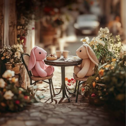 A whimsical, slightly blurry image of two plush toy bunnies, one pink and one beige, sitting opposite each other at a small bistro table on a cobblestone street. A whimsical, slightly blurry image of two plush toy bunnies, one pink and one beige, sitting opposite each other at a small bistro table on a cobblestone street.