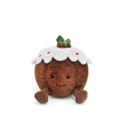 Plush toy shaped like a Christmas pudding, with a round, fluffy brown body, a friendly stitched smile, textured brown legs, and white icing on top decorated with a green holly leaf and red berries.