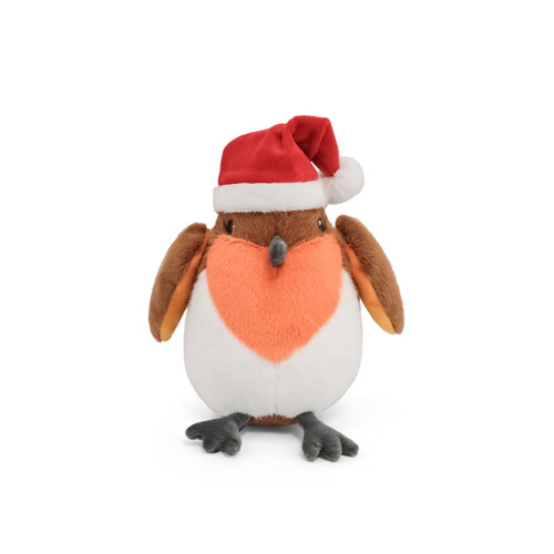 A plush stuffed animal of a robin wearing a red Santa hat, with a brown body, peachy-orange chest, and black beak.