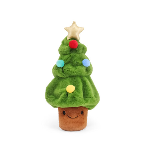 Plush Christmas tree toy with a smiling brown pot base, green body with colourful baubles, and a gold star on top.