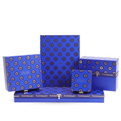 Tipperary Crystal luxury jewellery packaging in blue with gold evil eye pattern – gift boxes display Tipperary Crystal luxury jewellery packaging in blue with gold evil eye pattern – gift boxes display