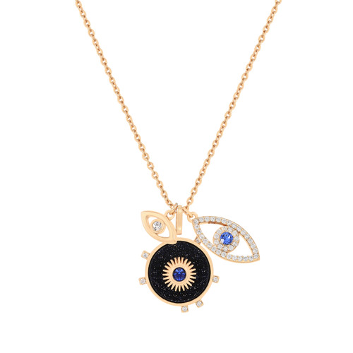 Gold Evil Eye Icon Necklace with multiple charms including sapphire-blue accents and pavé detail – jewellery product thumbnail on white background Gold Evil Eye Icon Necklace with multiple charms including sapphire-blue accents and pavé detail – jewellery product thumbnail on white background