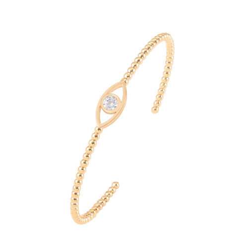 Gold Evil Eye bead bangle with cubic zirconia centre and beaded open cuff design – jewellery product thumbnail on white background Gold Evil Eye bead bangle with cubic zirconia centre and beaded open cuff design – jewellery product thumbnail on white background