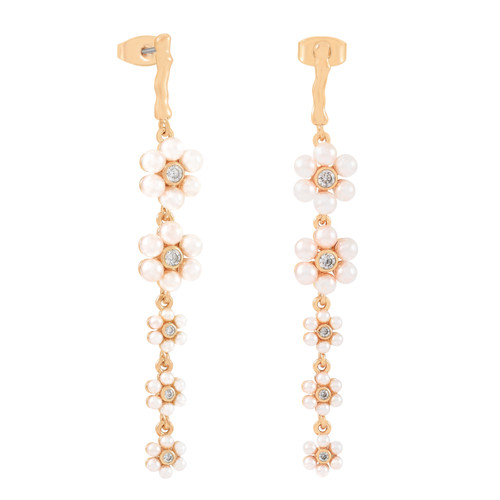 Gold drop earrings featuring cascading daisy motifs with pink pearl petals and sparkling crystal centers. Gold drop earrings featuring cascading daisy motifs with pink pearl petals and sparkling crystal centers.