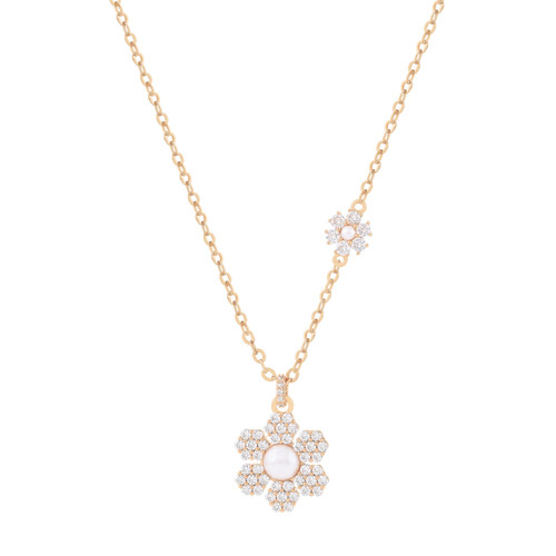 Gold daisy pendant necklace with crystal-studded petals and pearl center on a delicate chain. Gold daisy pendant necklace with crystal-studded petals and pearl center on a delicate chain.