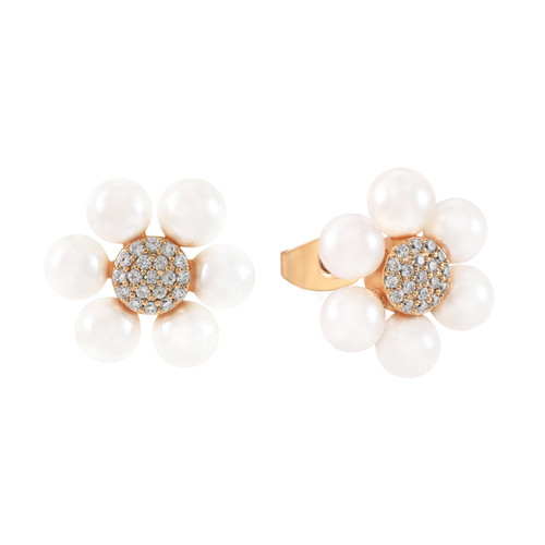 Gold daisy stud earrings with pearl petals and a crystal-encrusted center. Gold daisy stud earrings with pearl petals and a crystal-encrusted center.