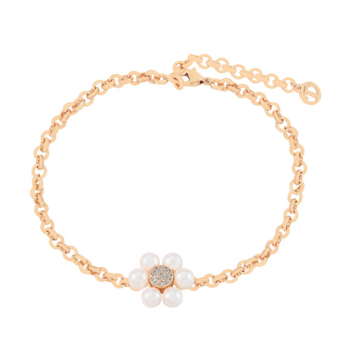 Gold bracelet with a single daisy motif featuring white pearl petals and a crystal-encrusted center on an adjustable chain. Gold bracelet with a single daisy motif featuring white pearl petals and a crystal-encrusted center on an adjustable chain.