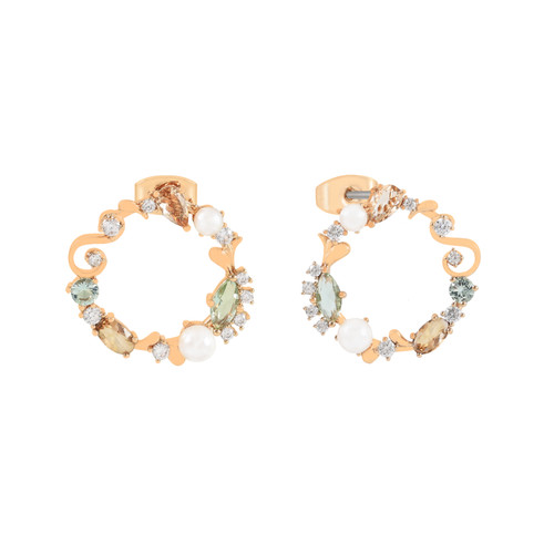Gold Maureen O’Hara eclectic hoop earrings featuring a circular design with pearls, crystals, and mixed gemstone accents.