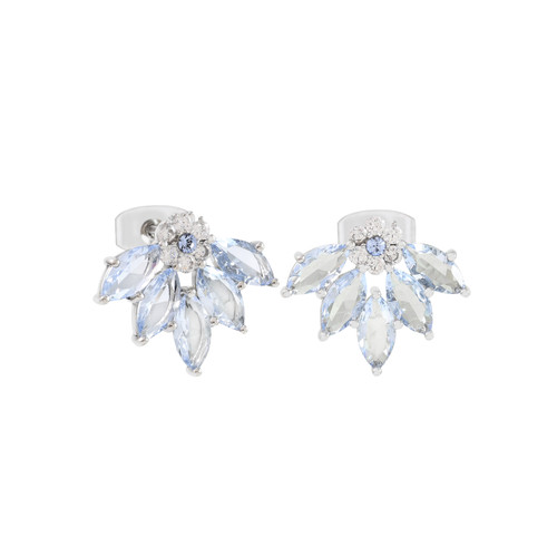 Silver Maureen O’Hara vintage flower earrings with marquise-cut blue sapphire stones and crystal accents.