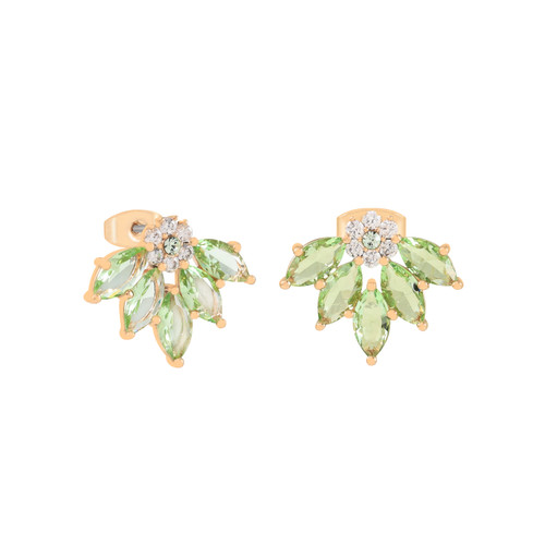 Gold Maureen O’Hara vintage flower earrings with marquise-cut peridot green stones and sparkling crystal accents.