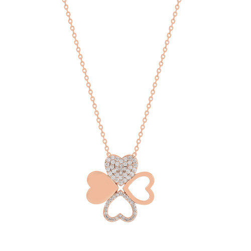 Rose gold Maureen O’Hara clover pendant necklace with heart-shaped design, pavé crystal details, and adjustable chain.
