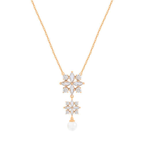 Gold Maureen O’Hara vintage flower pendant necklace featuring two crystal-studded floral motifs with a single pearl drop on an adjustable chain.