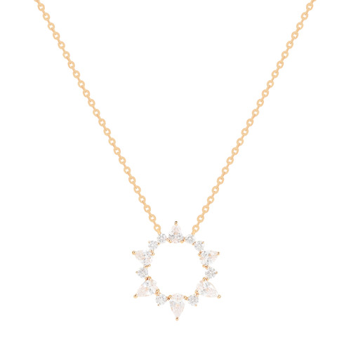 Gold Maureen O’Hara circle pendant necklace featuring a sparkling CZ stone design in a radiant sunburst style on an adjustable chain.